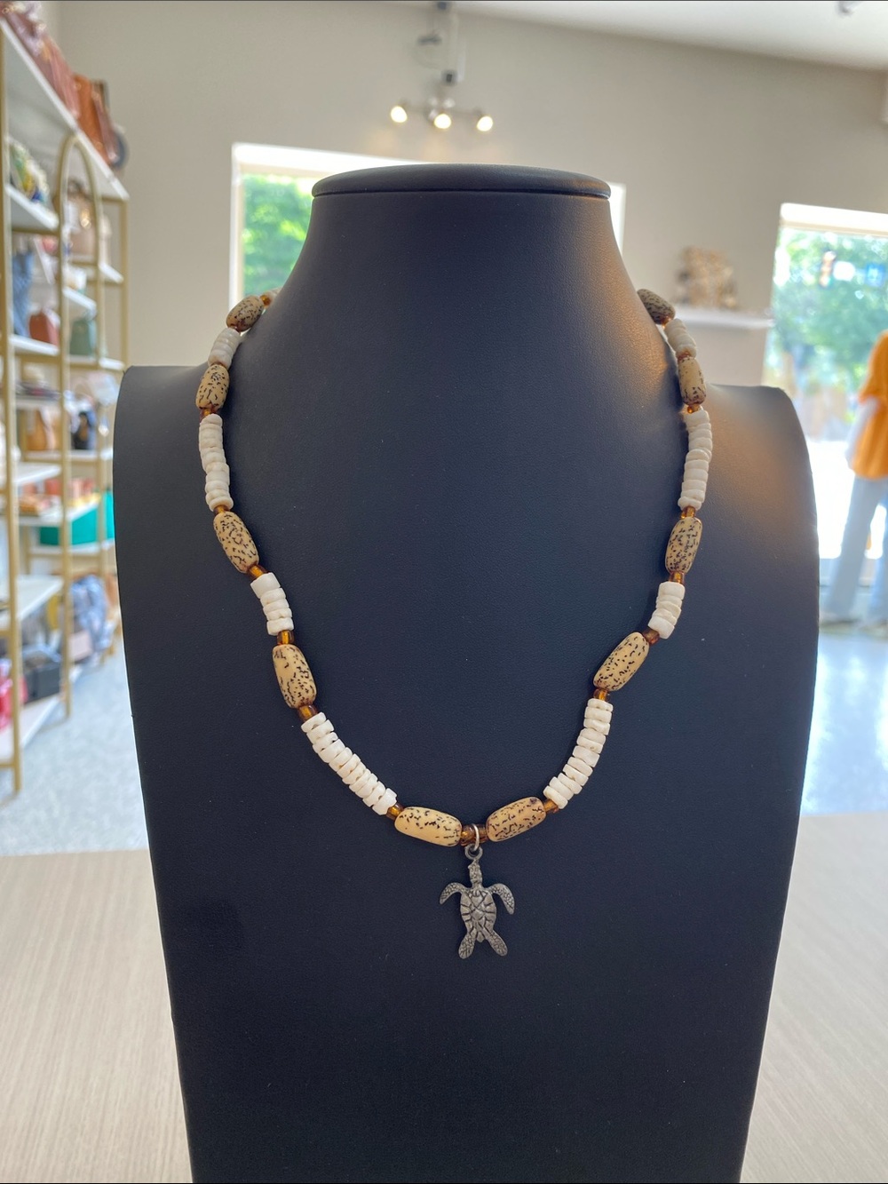 Shell White and Brown Bead Necklace with Turtle Charm